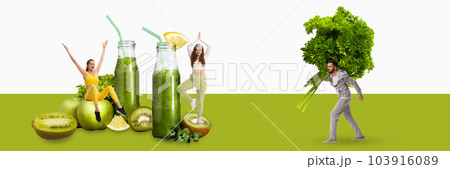 Healthy lifestyle community. Young people doing sports, training, drinking fresh healthy smoothie. Contemporary art collage. 103916089