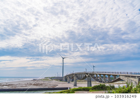 (静岡県)菊川河口の潮騒橋と風力発電風車 (静岡県)菊川河口の潮騒橋と風力発電風車 103916249