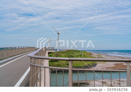 (静岡県)菊川河口の潮騒橋と風力発電風車 (静岡県)菊川河口の潮騒橋と風力発電風車 103916256