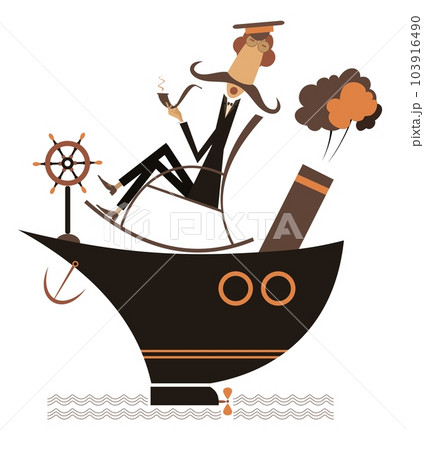 Cartoon captain of the ship with long mustache. The ship. Brave captain sitting in the rocking chair and smoking a pipe Cartoon captain of the ship with long mustache. The ship. Brave captain sitting in the rocking chair and smoking a pipe 103916490