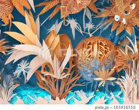 Tropical Kodachrome jungle coconuts cocktails paper volumetric. 103916558