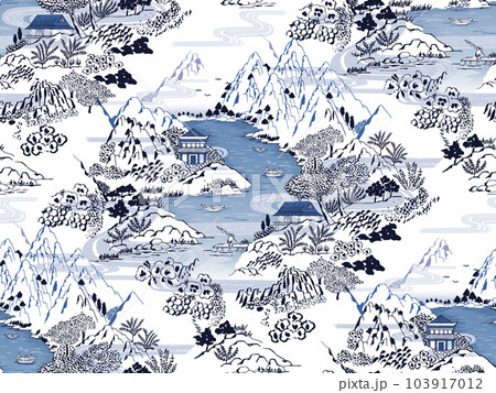 Seamless pattern vector Illustration showing a charming landscape in Old Korea, with a river flowing through the mountains.	 103917012