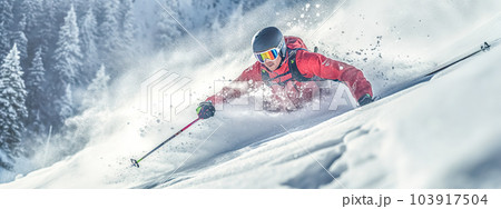 freeride skiing in the mountains on snow, banner made with Generative AI 103917504