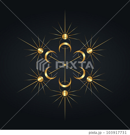 Sun and moon Mandala luxury clipart. Wicca golden logo. Mystical Sacred geometry, magic pagan Wiccan goddess and god symbols. Vector gold sign illustration isolated black background Sun and moon Mandala luxury clipart. Wicca golden logo. Mystical Sacred geometry, magic pagan Wiccan goddess and god symbols. Vector gold sign illustration isolated black background 103917731
