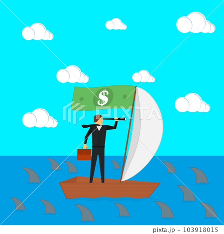 The concept of risks in business and management. A businessman on a sailing boat looks through a spyglass. The manager is surrounded by sharks. Vector illustration. The concept of risks in business and management. A businessman on a sailing boat looks through a spyglass. The manager is surrounded by sharks. Vector illustration. 103918015