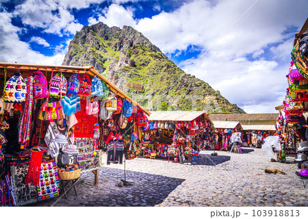 Ollantaytambo, Peru. Souvenir store and entrance to Inca Ruins and Terraces, Sacred Valley. 103918813