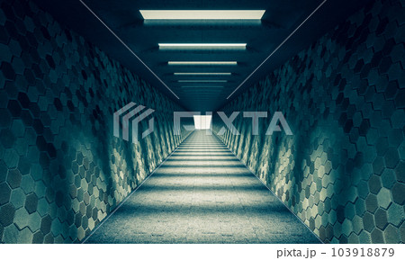concrete tunnels with ceiling windows and walls with hexagonal patterns 103918879