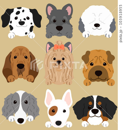 シンプルで可愛い犬の正面顔のイラストセットF  前足付き　主線なし 103918955