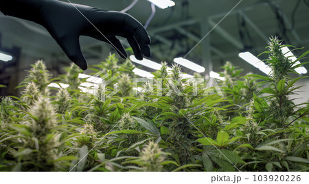 cannabis greenhouse farmingwith scientist glove in researching medical from THC and CBD on pollen of cannabis to miking alternative drug 103920226