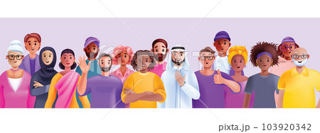 3D diverse people crowd, vector multicultural group, cartoon female male representation characters.  103920342