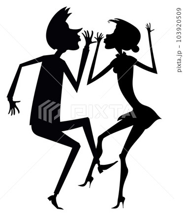 Romantic dancing young couple. Art silhouette. Funny dancing young man and woman. Black and white 103920509