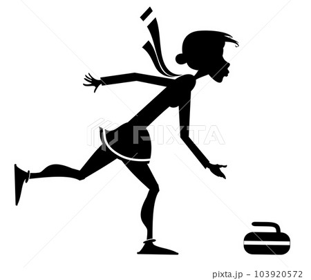 Young woman playing curling. Silhouette. Winter sport. Woman with curling brush pushes a stone towards a target. Black on white background 103920572