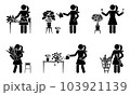Stick figure female planting home flowers vector set. Stick lady person taking care of houseplant icon pictogram 103921139