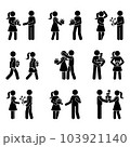 Stick figure people giving presents vector set. Man and woman receiving gift box stickman icon pictogram 103921140