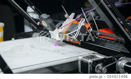 3D printer. Working 3d printer close-up. 3d printer printing object from molten plastic. Printing prototype. New modern printing technology on 3D printer. Additive progressive technologies. FDM 103921496