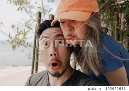 Funny face of selfie lovely couple man and woman. 103921618