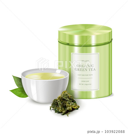 Realistic Detailed 3d Organic Green Tea Metal Tin and Full Cup Fresh and Dry Tea Leaves Set. Vector illustration Realistic Detailed 3d Organic Green Tea Metal Tin and Full Cup Fresh and Dry Tea Leaves Set. Vector illustration 103922088