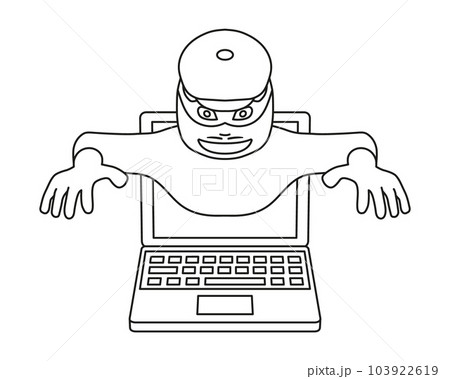 A thief comes out of a laptop in outline. A thief comes out of a laptop in outline. 103922619