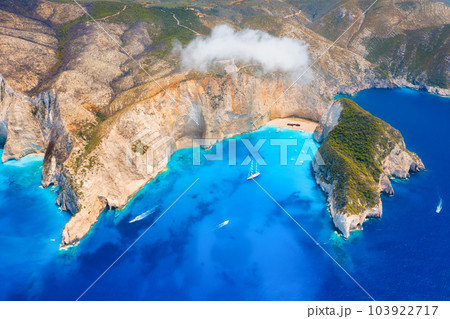 View of Navagio beach, Zakynthos Island, Greece. Aerial landscape. Azure sea water.  103922717