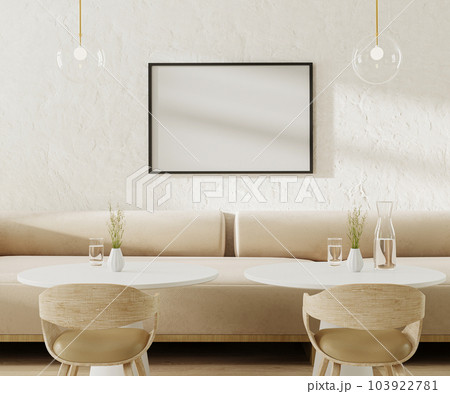 Picture frame mock up above light beige sofa in cafe with round coffee tables and chairs, 3d rendering 103922781