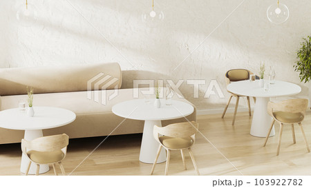 Cafe interior design with sofa, coffee table and chairs, bright and beige interior, 3d render 103922782