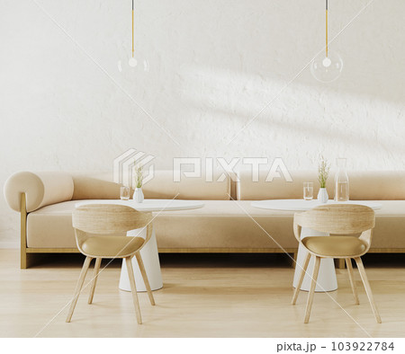 Modern cafe interior in beige tones with white stone walls, wooden floor, sofa and round coffee tables. 3d render 103922784