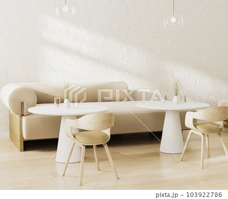 Bright and modern coffee place interior design with beige sofa, white round coffee tables and chairs, cafe interior, 3d 103922786