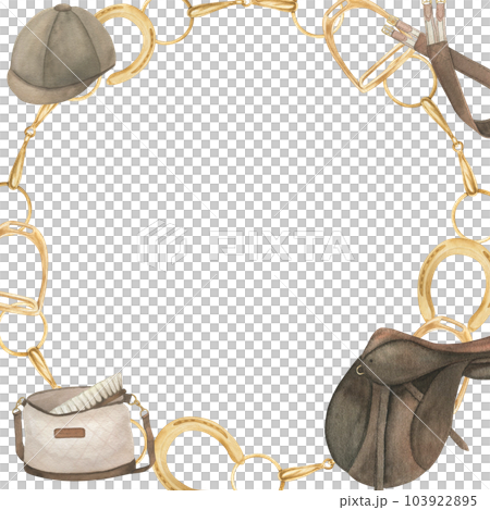 Watercolor illustration of a square frame with golden horseshoes, stirrups, saddle, bag with cleaning brush, girth, helmet, snaffles. Wreath on the theme of horses and equestrianism. isolated Watercolor illustration of a square frame with golden horseshoes, stirrups, saddle, bag with cleaning brush, girth, helmet, snaffles. Wreath on the theme of horses and equestrianism. isolated 103922895