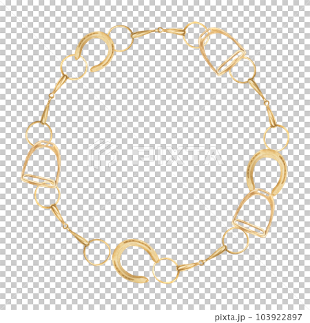Watercolor illustration of a wreath with golden horseshoes, stirrups, snaffles. Wreath on the theme of horses and equestrianism. isolated Watercolor illustration of a wreath with golden horseshoes, stirrups, snaffles. Wreath on the theme of horses and equestrianism. isolated 103922897
