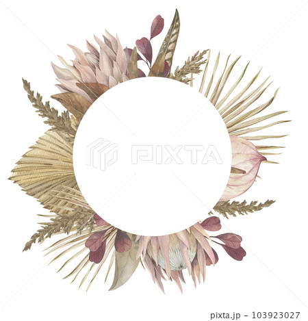 Boho floral neutral colors watercolor circle frame. Botanical design. Wedding invitation, greeting card, stickers 103923027