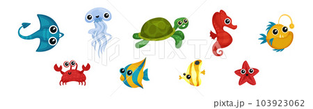 Cute Ray, Jellyfish, Turtle, Seahorse, Crab and Starfish as Sea Animal Floating Underwater Vector Set Cute Ray, Jellyfish, Turtle, Seahorse, Crab and Starfish as Sea Animal Floating Underwater Vector Set 103923062