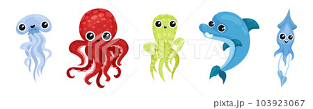 Cute Jellyfish, Octopus, Dolphin and Squid as Sea Animal Floating Underwater Vector Set Cute Jellyfish, Octopus, Dolphin and Squid as Sea Animal Floating Underwater Vector Set 103923067