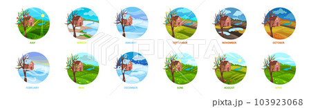 Different Season Months with Nature Landscape Vector Set 103923068