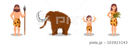 Stone Age People in Animal Skin with Mammoth Animal Vector Set 103923143