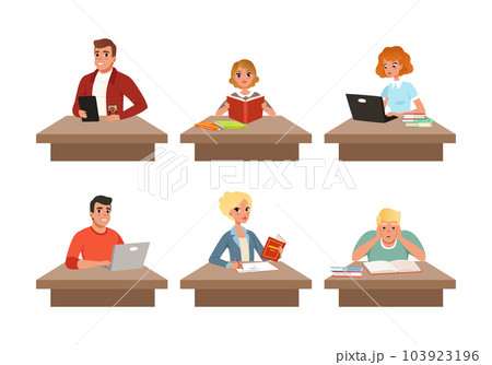 Young Man and Woman at Desk Studying with Books Vector Set 103923196