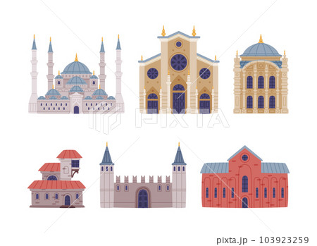 Turkey Building with Mosque, House Exterior and Stone Construction Vector Set 103923259