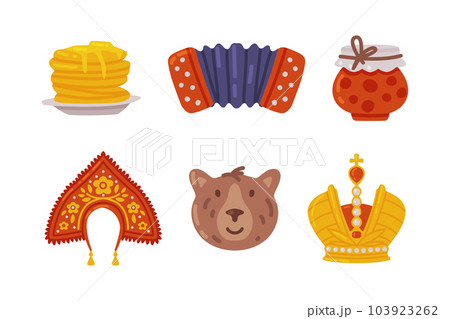 Russian Symbol with Accordion, Jam, Mitre, Blini, Bear and Kokoshnik Vector Illustration Set Russian Symbol with Accordion, Jam, Mitre, Blini, Bear and Kokoshnik Vector Illustration Set 103923262