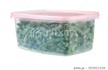 Frozen green beans in a plastic container for long-term storage isolated on white background. Deep freezing of vegetables. Frozen green beans in a plastic container for long-term storage isolated on white background. Deep freezing of vegetables. 103923326