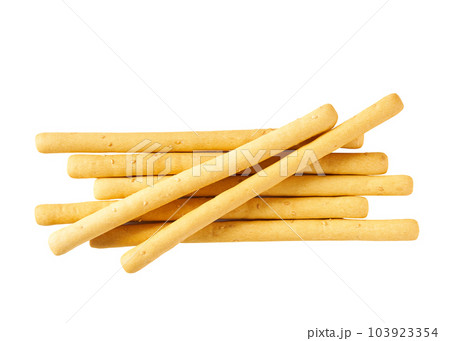 Italian grissini breadsticks isolated on white background. Top view. 103923354