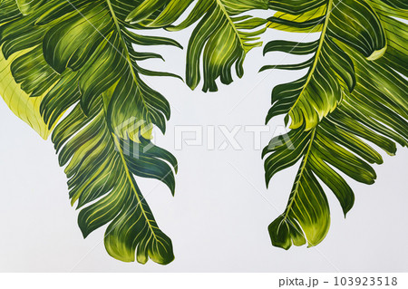 Tropical palm leaves are beautifully painted with acrylic paint in different shades of green. Tropical palm leaves are beautifully painted with acrylic paint in different shades of green. 103923518