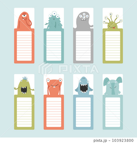 Bookmarks with cute monster set, Cartoon monsters sticker collection. Vector illustration Bookmarks with cute monster set, Cartoon monsters sticker collection. Vector illustration 103923800