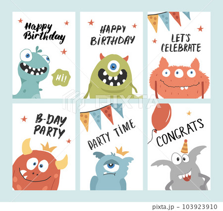 Birthday cards set with Cute monsters. Cartoon monsters collection. Vector illustration 103923910