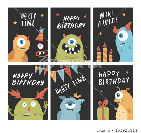 Birthday cards set with Cute monsters. Cartoon monsters collection. Vector illustration Birthday cards set with Cute monsters. Cartoon monsters collection. Vector illustration 103923911