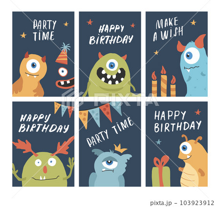 Birthday cards set with Cute monsters. Cartoon monsters collection. Vector illustration Birthday cards set with Cute monsters. Cartoon monsters collection. Vector illustration 103923912