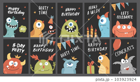 Birthday cards set with Cute monsters. Cartoon monsters collection. Vector illustration 103923924