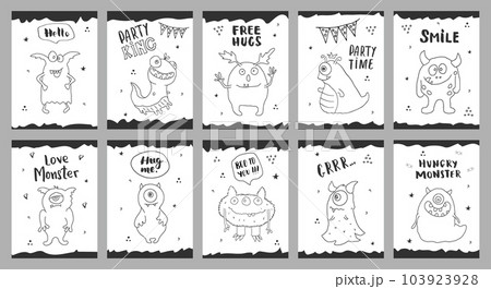 Cute monsters cards set. Cartoon monsters collection. Vector illustration 103923928