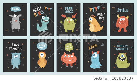 Cute monsters cards set. Cartoon monsters collection. Vector illustration 103923937