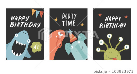 Birthday cards set with Cute monsters. Cartoon monsters collection. Vector illustration 103923973