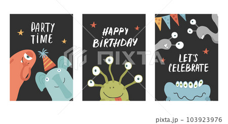Birthday cards set with Cute monsters. Cartoon monsters collection. Vector illustration 103923976