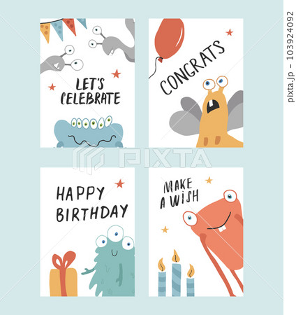 Birthday cards set with Cute monsters. Cartoon monsters collection. Vector illustration 103924092